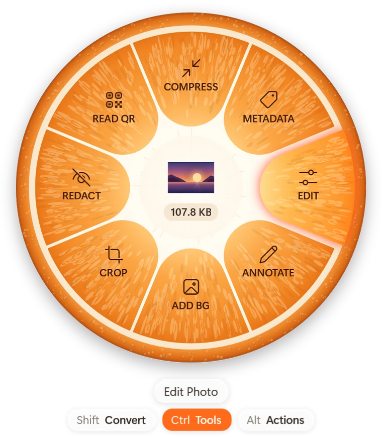 The Tools wheel for a photo: Compress, Metadata, Edit, Annotate, Add BG, Crop, Redact and Read QR