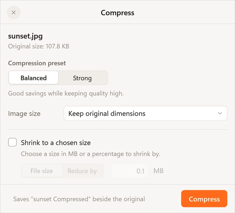 The Compress window with Balanced and Strong presets