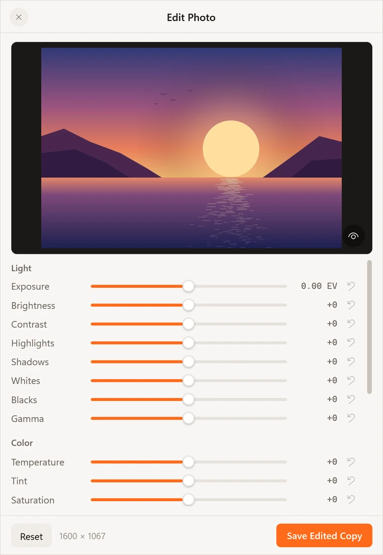 The Edit Photo window with light and colour sliders